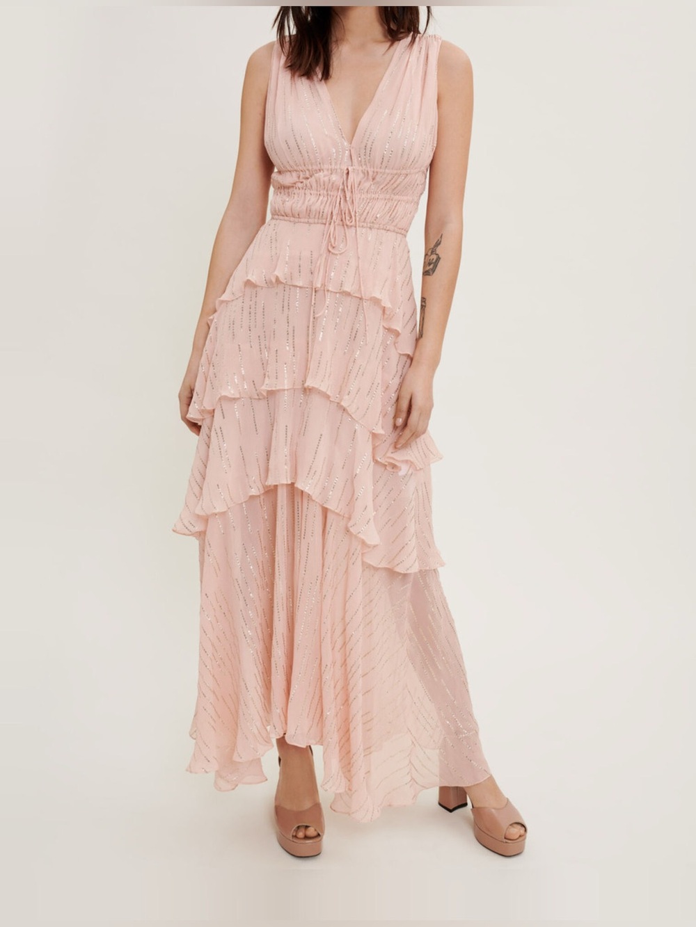 MAJE Rufflinette Metallic Tiered Ruffle Maxi Dress